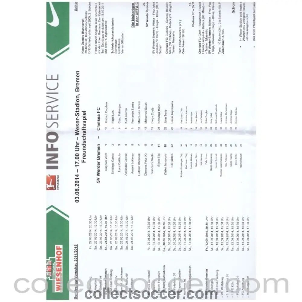 2014 - Werder Bremen v Chelsea Official Huge Teamsheet/Programme 03/08/2014 - Collect Soccer