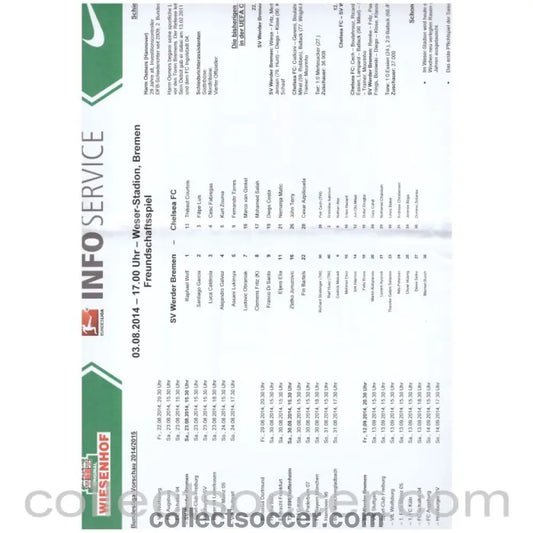 2014 - Werder Bremen v Chelsea Official Huge Teamsheet/Programme 03/08/2014 - Collect Soccer