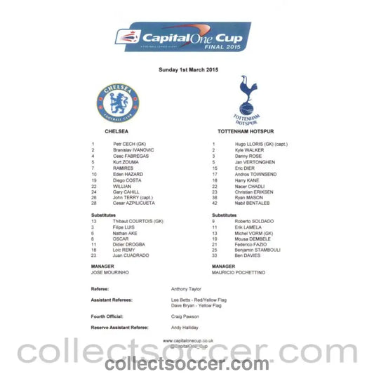 2015 Capital Cup Final Chelsea v Tottenham Hotspur Original Colour Teamsheet - Collect Soccer
