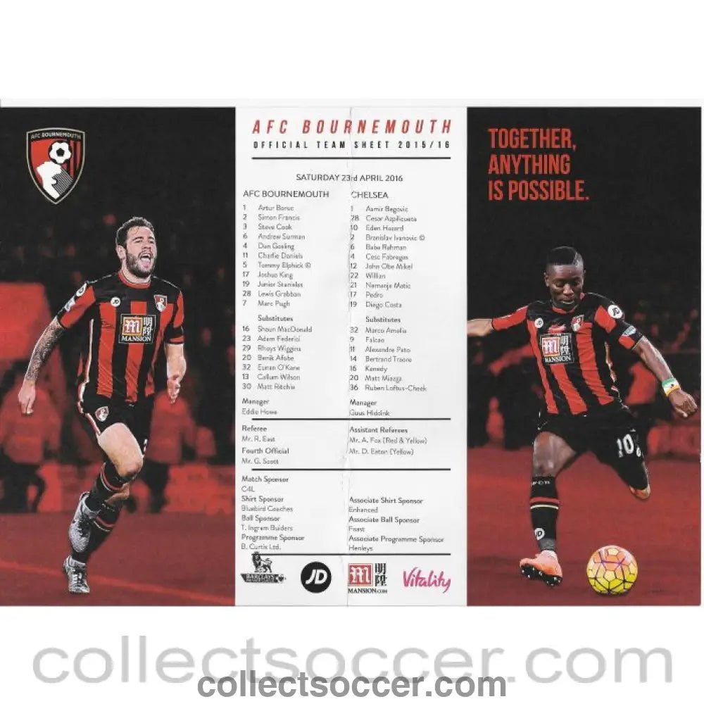 2016 Bournemouth V Chelsea Original Colour Team Sheet - Collect Soccer