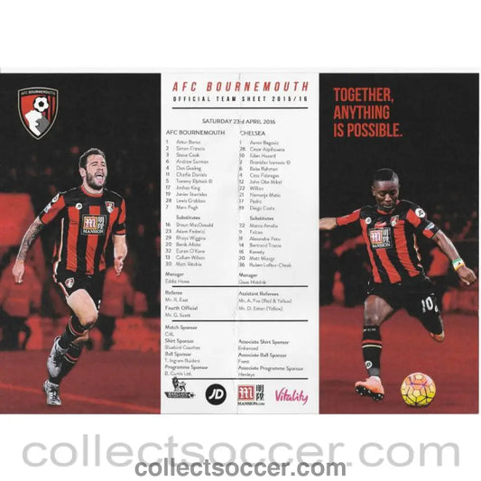 2016 Bournemouth V Chelsea Original Colour Team Sheet - Collect Soccer