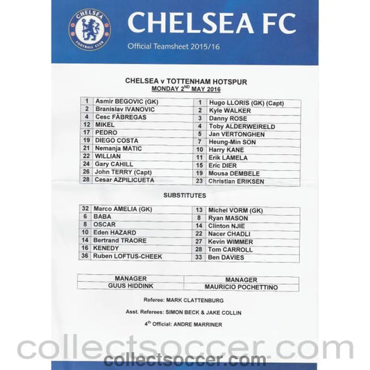 2016 - Chelsea v Tottenham Hotspur Original Printed Teamsheet 2/5/2016 - Collect Soccer