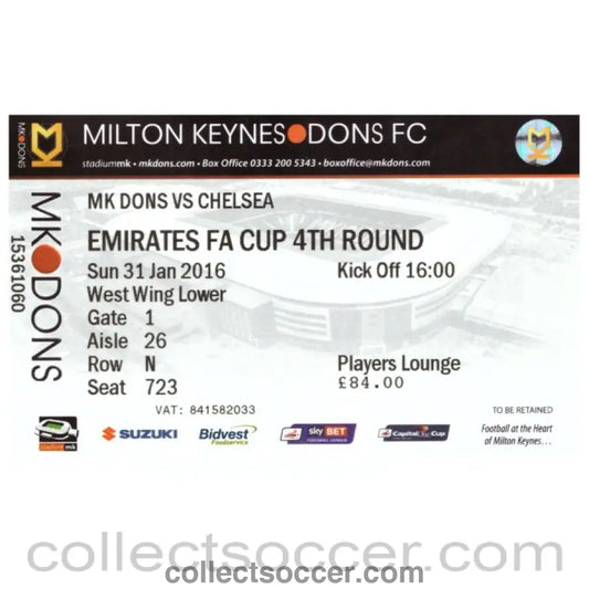 2016 MK Dons v Chelsea FA Cup 4th Round Mint Condition Football Ticket - Collect Soccer