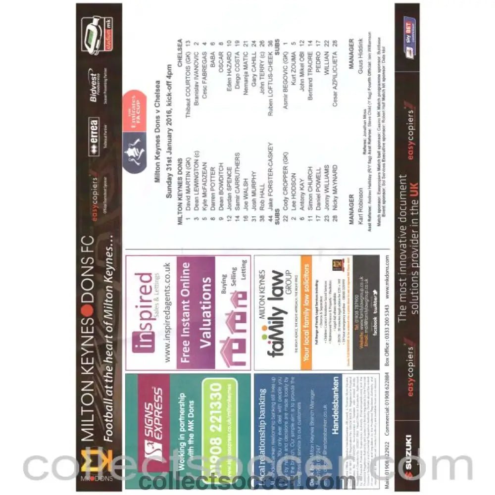 2016 MK Dons v Chelsea FA Cup 4th Round Original Teamsheet - Collect Soccer