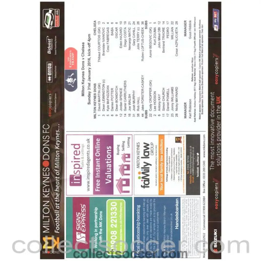 2016 MK Dons v Chelsea FA Cup 4th Round Original Teamsheet - Collect Soccer
