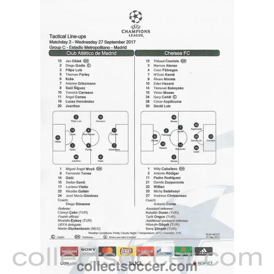 2017 - Atletico Madrid v Chelsea Teamsheet/Programme 27/09/2017 - Collect Soccer