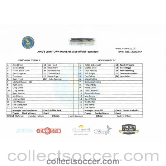 2017 - King's Lynn v Norwich 12/07/2017 Teamsheet - Collect Soccer