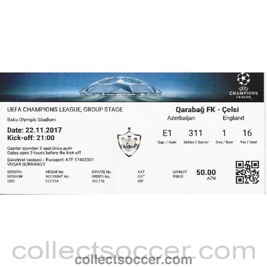 2017 - Qarabag V Chelsea Ticket 22/11/2017 - Collect Soccer