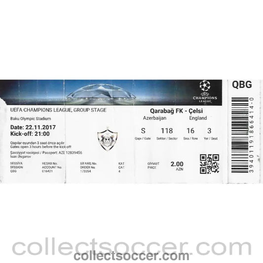 2017 - Qarabag V Chelsea Used Ticket 22/11/2017 - Collect Soccer
