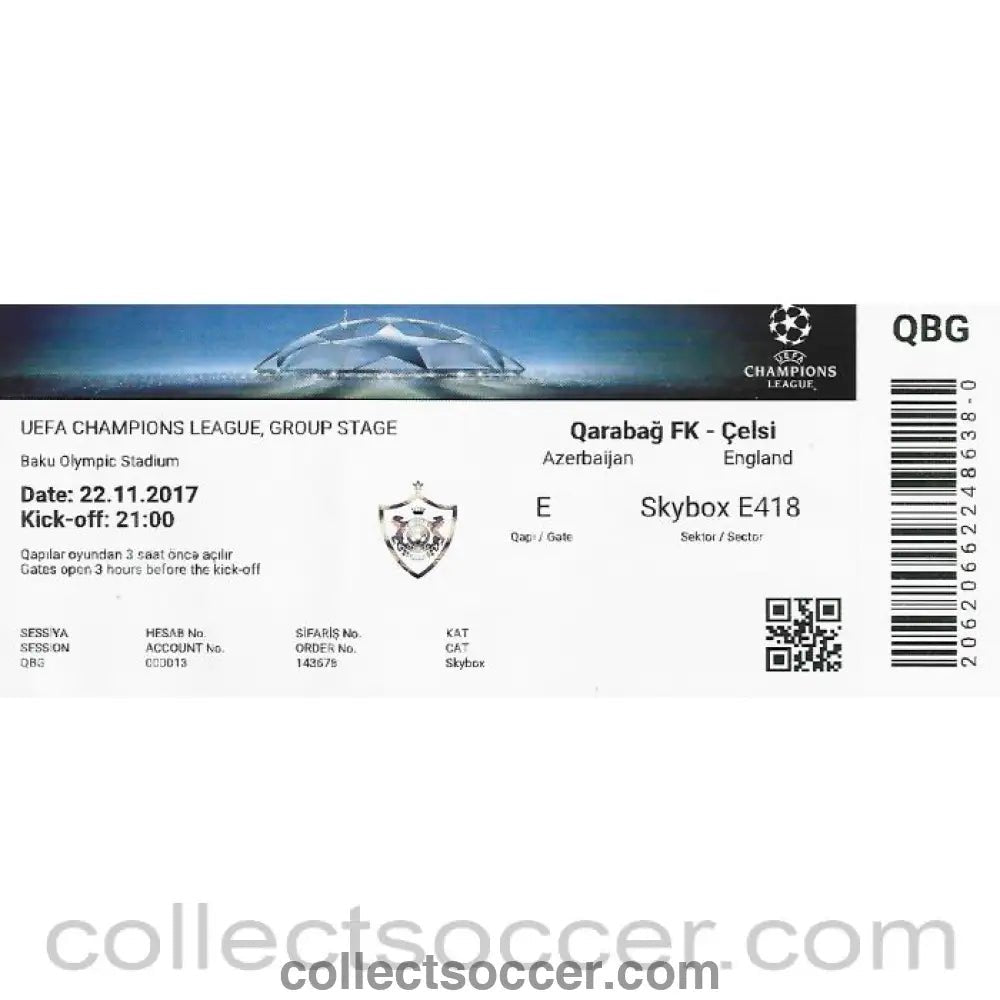 2017 - Qarabag V Chelsea VIP Skybox Ticket 22/11/2017 - Collect Soccer