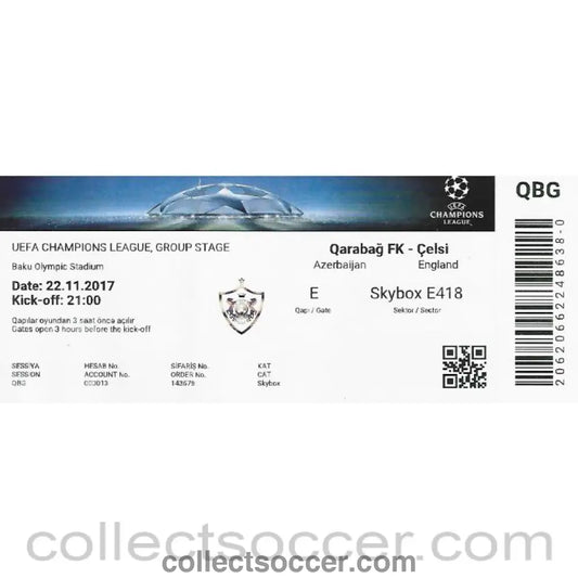2017 - Qarabag V Chelsea VIP Skybox Ticket 22/11/2017 - Collect Soccer