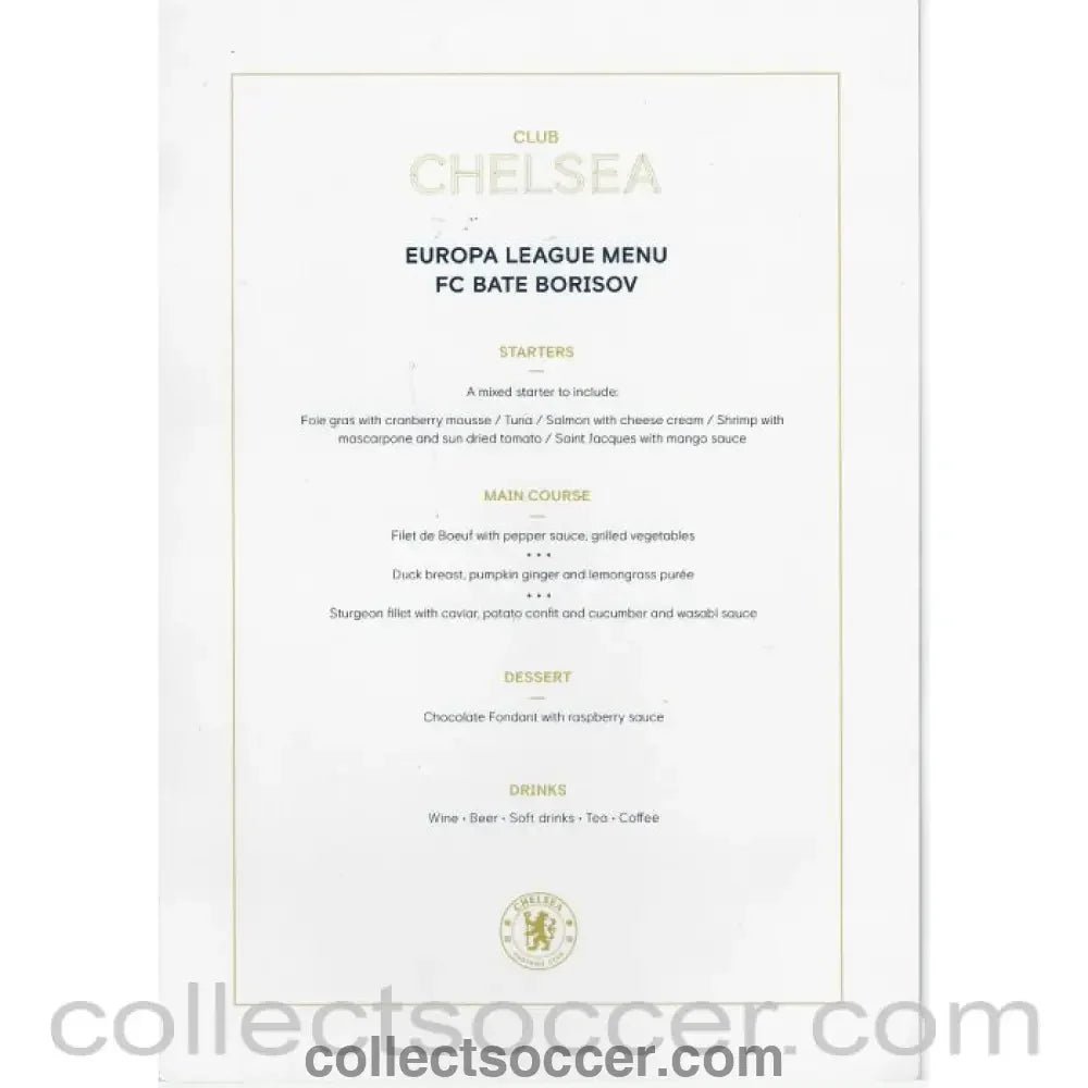 2018 - Europa League FC Bate Borisov v Chelsea Official Menu for Chelsea VIP's 2018 - Collect Soccer
