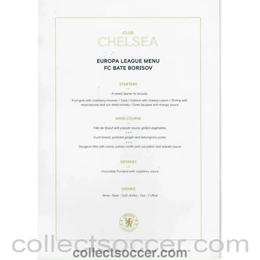 2018 - Europa League FC Bate Borisov v Chelsea Official Menu for Chelsea VIP's 2018 - Collect Soccer