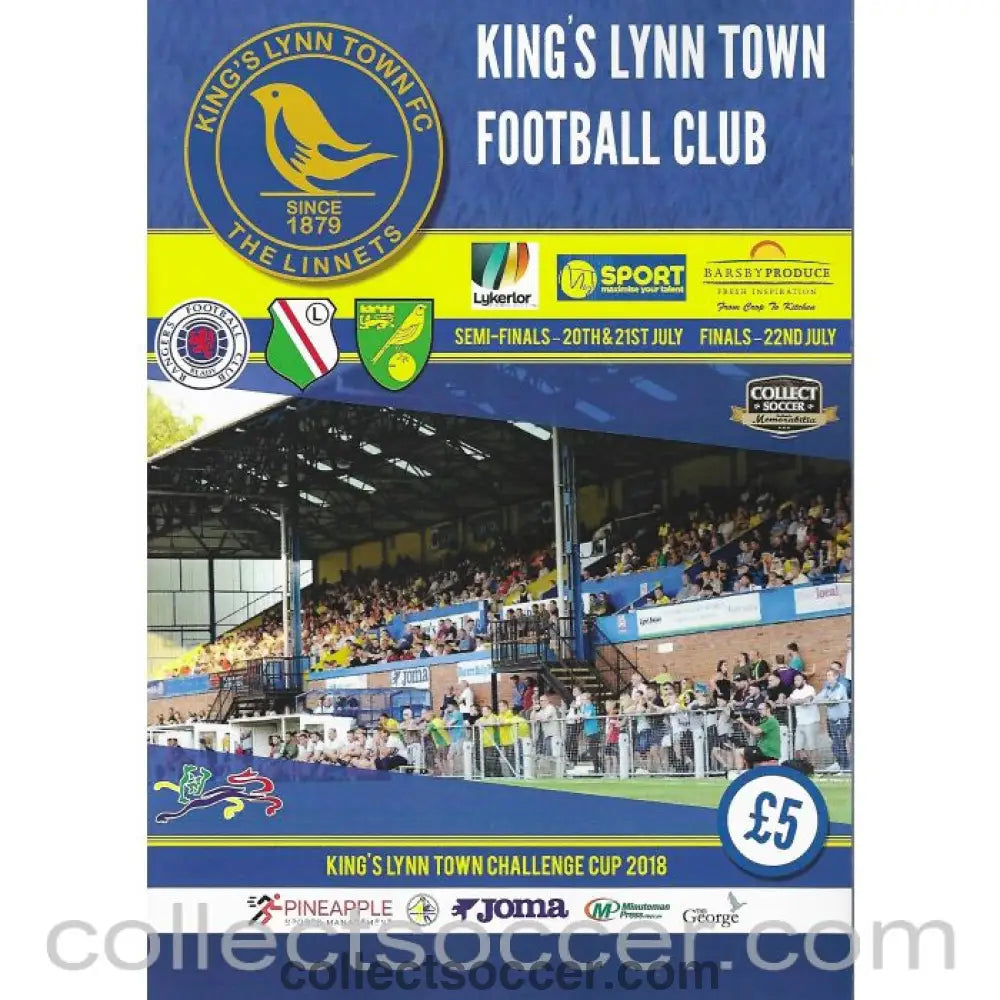 2018 King's Lynn Challenge Trophy Programme - Glasgow Rangers, Legia Warsaw, Norwich City - Collect Soccer