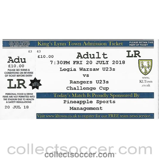 2018 - Ticket - Glasgow Rangers v Legia Warsaw 2018 King's Lynn Challenge Trophy - Collect Soccer