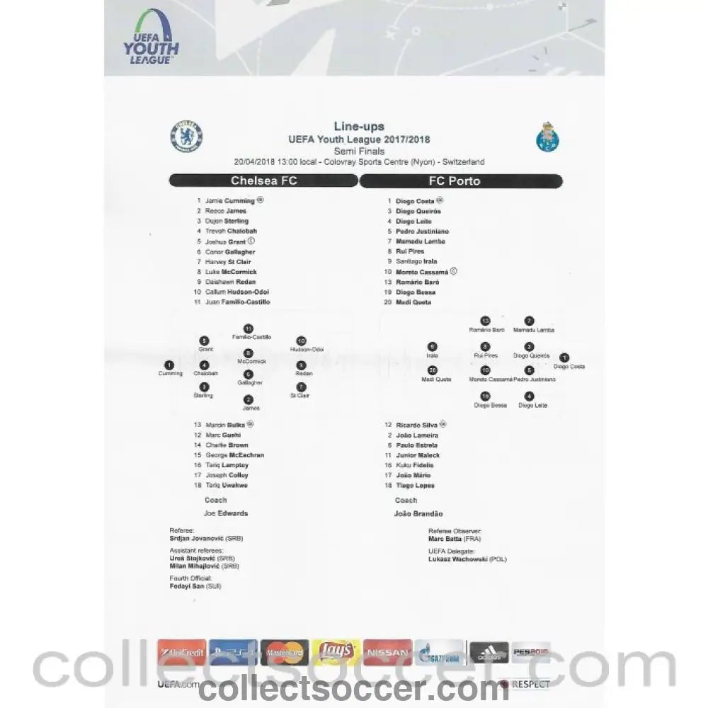 2018 UEFA Youth League Semi - Final - Chelsea v Porto Teamsheet - Collect Soccer