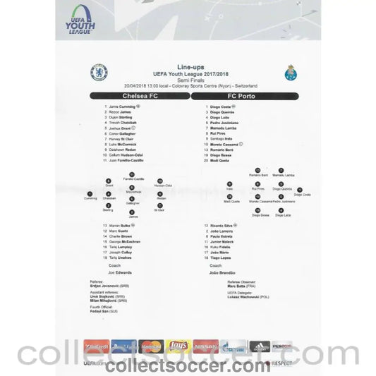 2018 UEFA Youth League Semi - Final - Chelsea v Porto Teamsheet - Collect Soccer