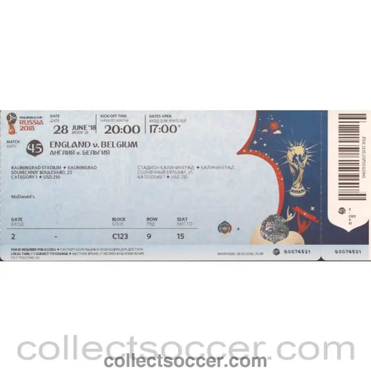 2018 World Cup England v Belgium Ticket played in Kaliningrad - Collect Soccer