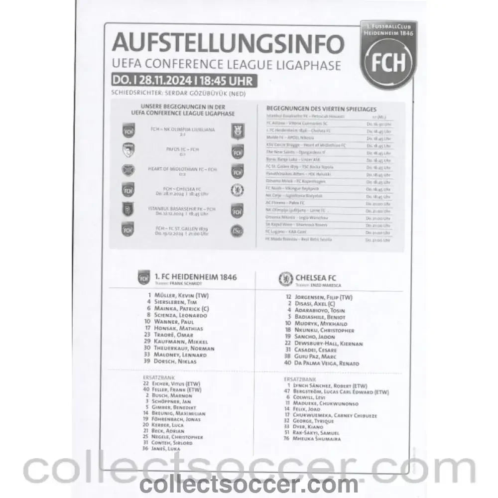 2024 - Chelsea v Heidenheim 28/11/24 WITH ORIGINAL TEAMSHEETS FROM STADIUM - double issue also covers Frankfurt 1/12/24 - Collect Soccer