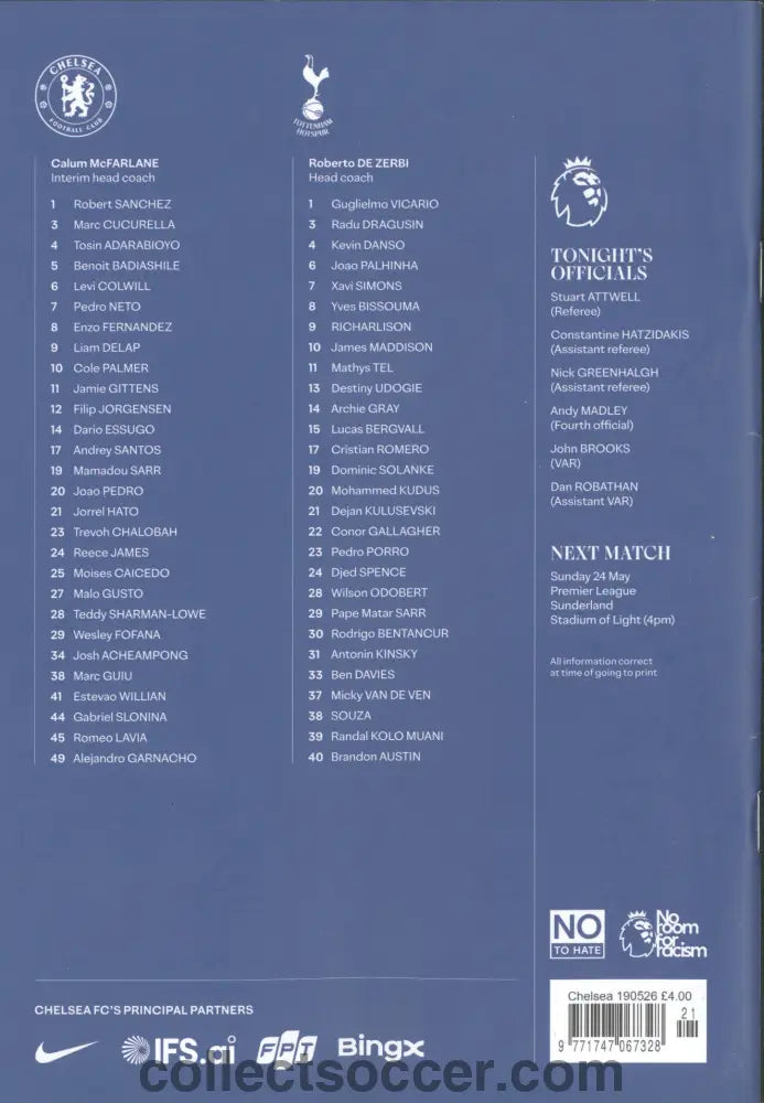 2026 Chelsea v Tottenham Hotspur Official Programme