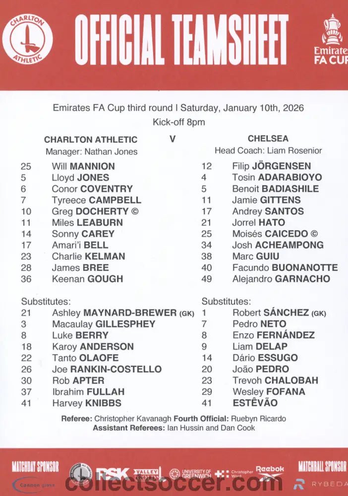 2026 FA Cup 3rd Round Charlton Athletic v Chelsea Programme + Original Teamsheet - Collect Soccer