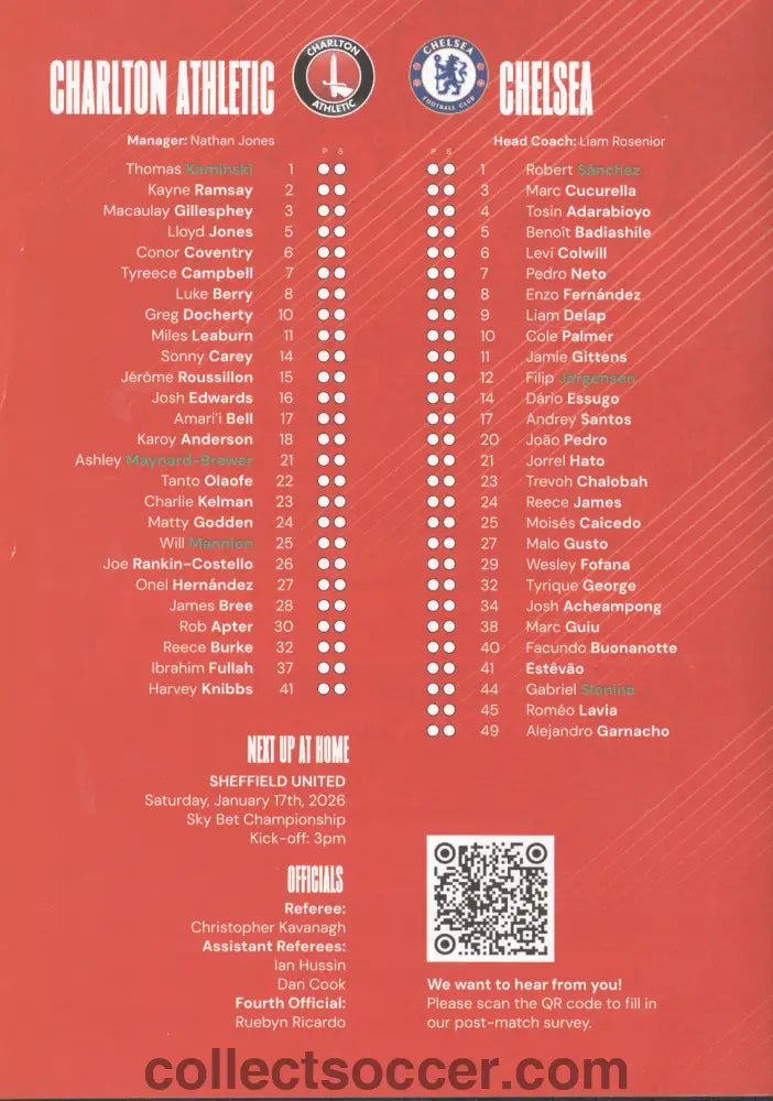 2026 FA Cup 3rd Round Charlton Athletic v Chelsea Programme + Original Teamsheet - Collect Soccer