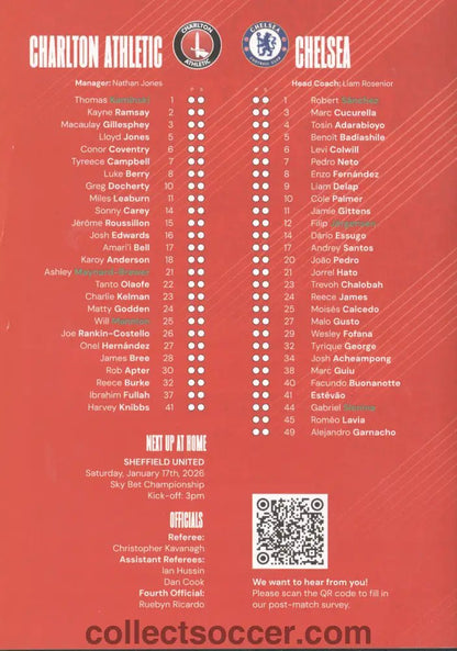 2026 FA Cup 3rd Round Charlton Athletic v Chelsea Programme + Original Teamsheet - Collect Soccer