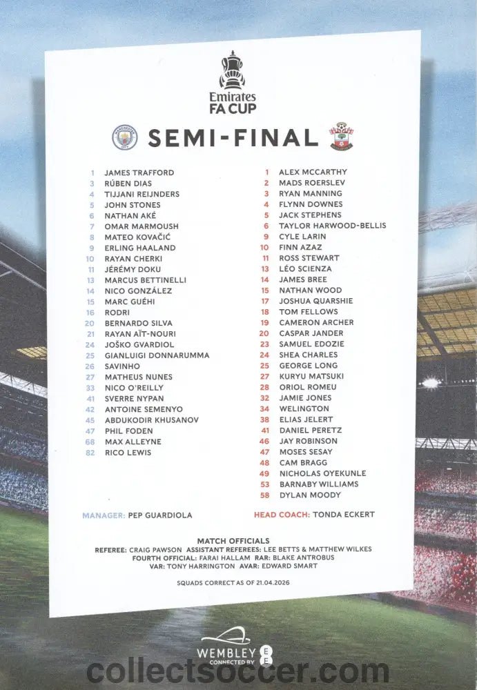 2026 FA Cup Semi - Final Programme Manchester City V Southampton - Collect Soccer