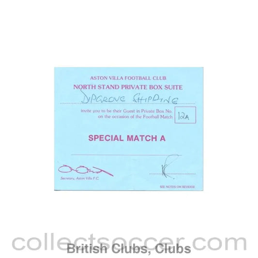 Aston Villa invitation to a Special Match A in Private Box