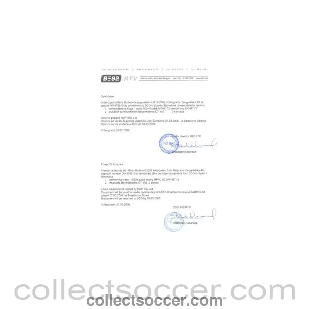 B92 Belgrade radio television and internet broadcaster’s Pwer Of Attorney