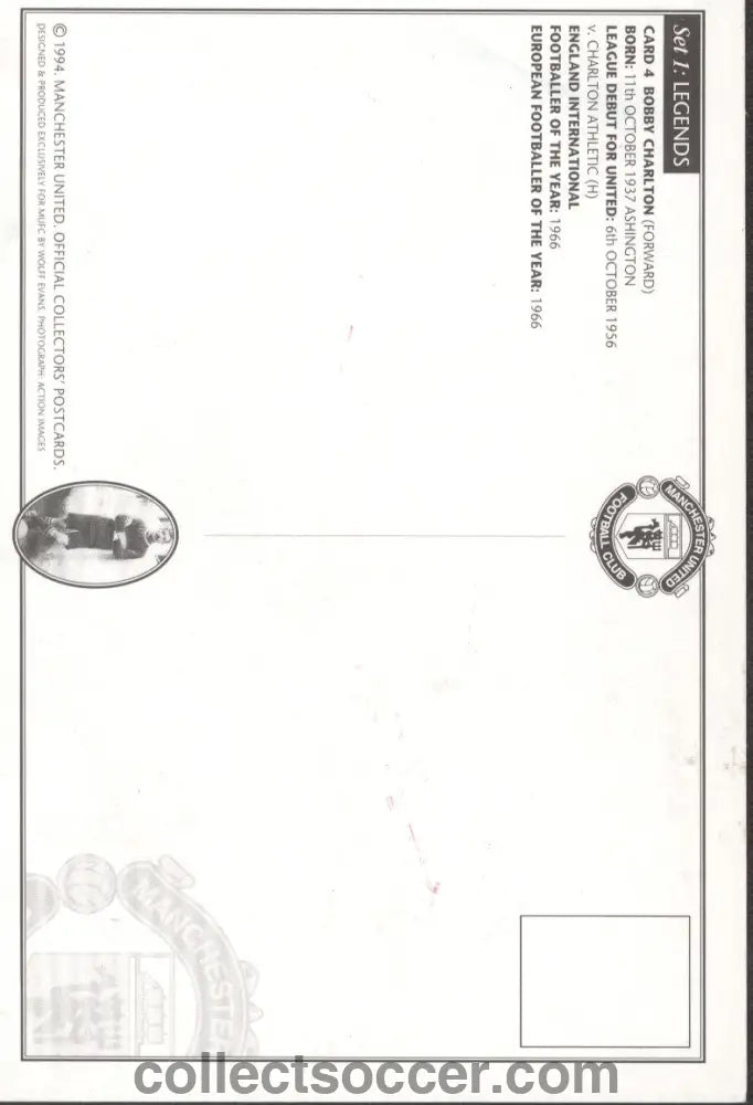 Bobby Charlton Original Signature on a Manchester United Postcard.