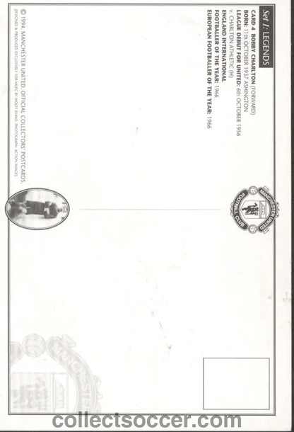 Bobby Charlton Original Signature on a Manchester United Postcard.