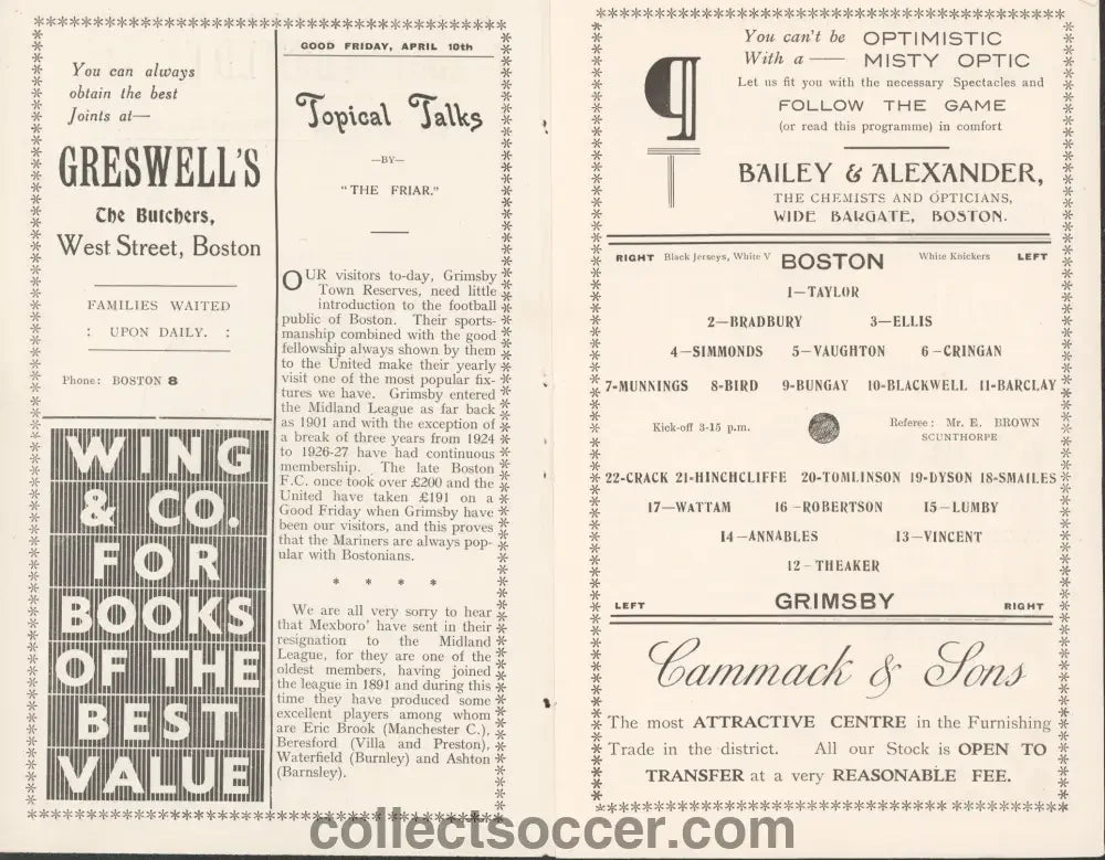 Boston United v Grimsby Town 10/4/1936 Programme - Collect Soccer