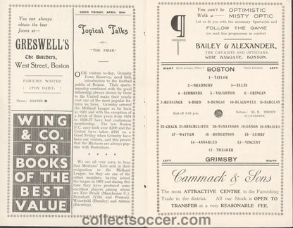 Boston United v Grimsby Town 10/4/1936 Programme - Collect Soccer