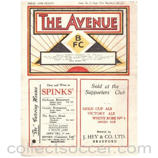 1930's Bradford Park Avenue v Blackburn Rovers Official Programme - Collect Soccer