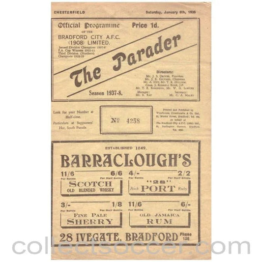 1938 Bradford City v Chesterfield Official Programme - Collect Soccer