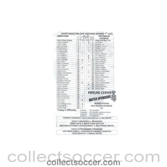Brentford v Tottenham Hotspur official teamsheet Worthington Cup
