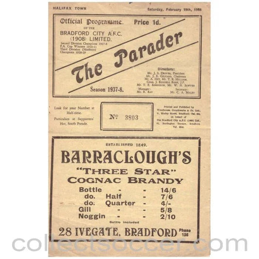 1937 - 1938 Bradford City v Halifax Town Official Programme - Collect Soccer