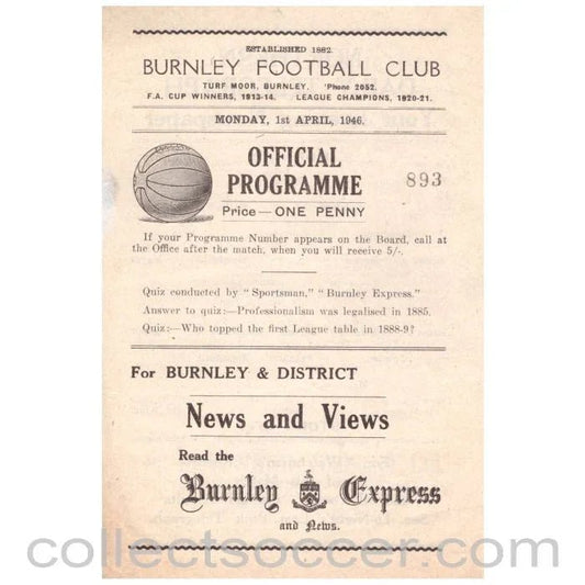 1946 Burnley v Stoke Football Programme - Collect Soccer