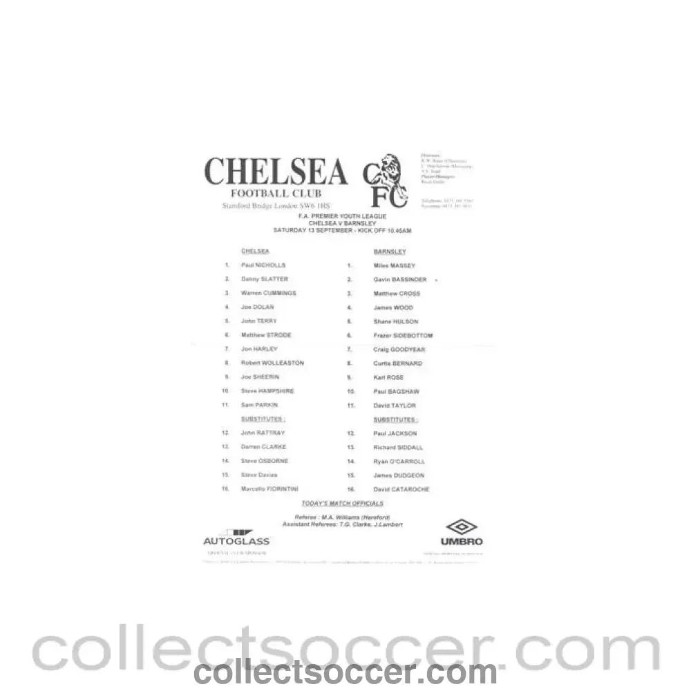 Chelsea v Barnsley official teamsheet of an unknown season F.A. Premier Youth League - Collect Soccer