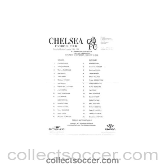 Chelsea v Barnsley official teamsheet of an unknown season F.A. Premier Youth League