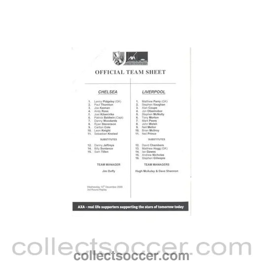 Chelsea v Liverpool official teamsheet of an unknown season F.A. Youth Cup