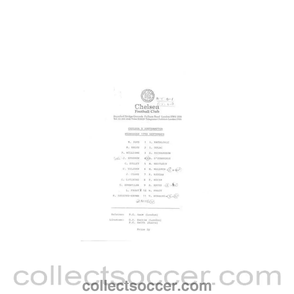 Chelsea v Southampton official teamsheet, unknown season - Collect Soccer
