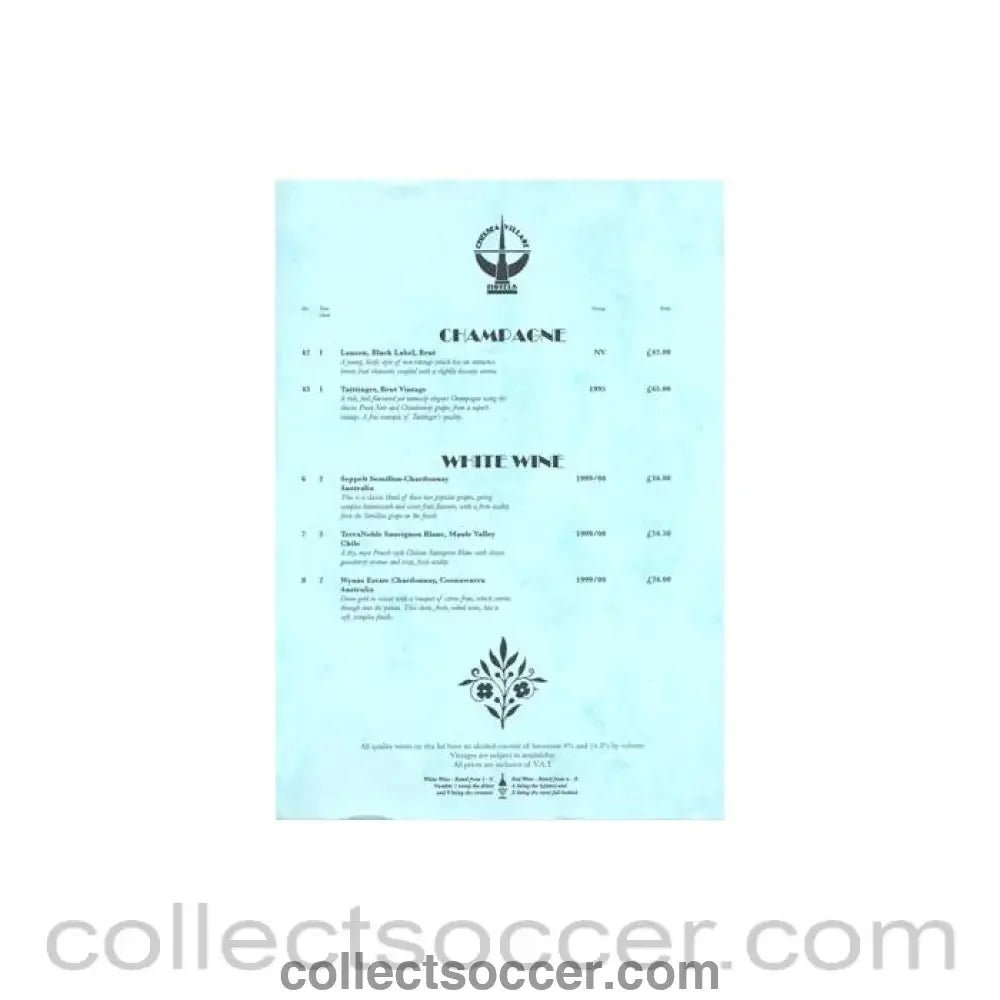 Chelsea Village Hotels wine list - Collect Soccer