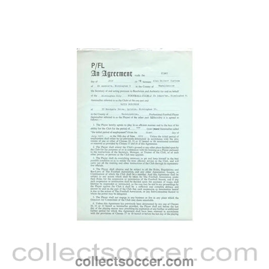 Contract between Birmingham City FC and Alan Gilbert Instone, originally signed by both sides - Collect Soccer