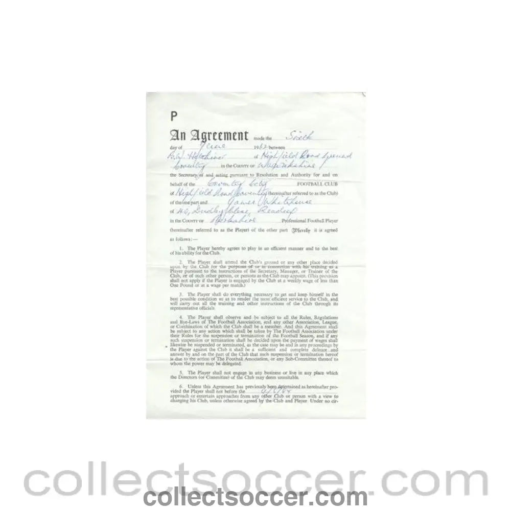 Contract between Coventry City FC and B.W. Hetchiner, originally signed by both sides - Collect Soccer