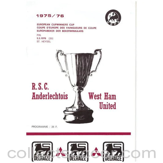 1976 Cup Winners Cup Final Official Programme Anderlecht v West Ham United - Collect Soccer