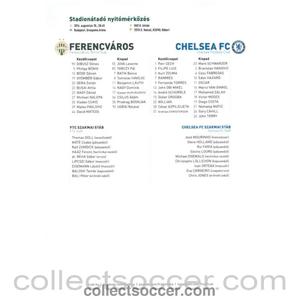Ferencvaros V Chelsea Official Colour Teamsheet 10/08/2014 - Collect Soccer