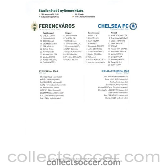 Ferencvaros V Chelsea Official Colour Teamsheet 10/08/2014 - Collect Soccer