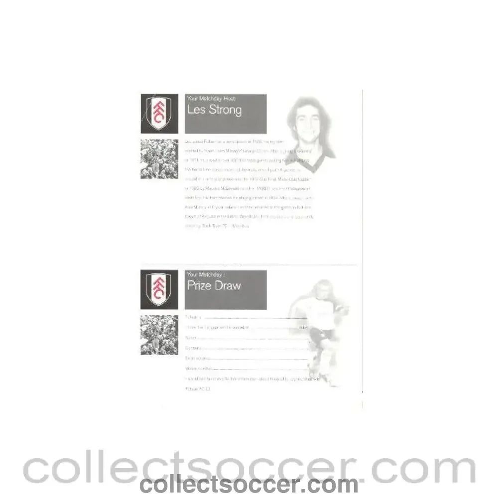 Fulham - Les Strong flyer with biograpgy and a Prize Draw Form - Collect Soccer
